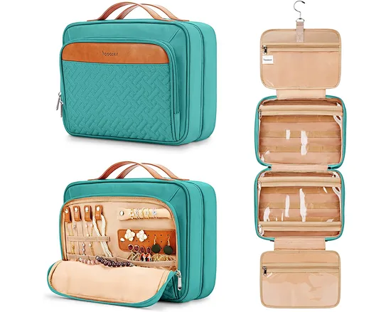 This wash bag is designed with 4 toiletry storage compartments and a special jewelry compartment; you can easily put your wash products and jewelry separately to make your journey organized.